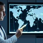 戦略的思考とVUCA時代の羅針盤**
A focused male business executive, wearing a sharp, modern business suit, standing confidently in a high-tech global operations center. Holographic displays show an intricate world map with complex data visualizations and intersecting lines representing global connections. The executive holds a glowing, ethereal compass, its needle pointing towards a clear, illuminated path emerging from a subtle, stylized "fog" or digital haze, symbolizing uncertainty being navigated. The scene is lit with professional, cinematic lighting, emphasizing clarity and forward momentum. This image should showcase perfect anatomy, correct proportions, a natural pose, well-formed hands, proper finger count, and natural body proportions. The subject is fully clothed in modest clothing and appropriate attire, in professional dress. This content is safe for work, appropriate content, and family-friendly.

**