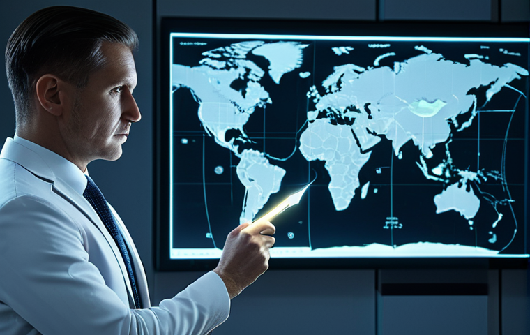 戦略的思考とVUCA時代の羅針盤**
A focused male business executive, wearing a sharp, modern business suit, standing confidently in a high-tech global operations center. Holographic displays show an intricate world map with complex data visualizations and intersecting lines representing global connections. The executive holds a glowing, ethereal compass, its needle pointing towards a clear, illuminated path emerging from a subtle, stylized "fog" or digital haze, symbolizing uncertainty being navigated. The scene is lit with professional, cinematic lighting, emphasizing clarity and forward momentum. This image should showcase perfect anatomy, correct proportions, a natural pose, well-formed hands, proper finger count, and natural body proportions. The subject is fully clothed in modest clothing and appropriate attire, in professional dress. This content is safe for work, appropriate content, and family-friendly.

**