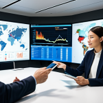 A diverse group of adult business professionals from various nationalities, wearing professional business attire, fully clothed and modest, engaged in a collaborative virtual meeting in a modern, well-lit global office setting. Large digital screens display real-time data dashboards, charts, and world maps, emphasizing data-driven decision-making. One professional is pointing at a data point on a screen, while another is reviewing information on a tablet. The atmosphere is dynamic and focused on innovation. Professional photography, high resolution, soft studio lighting, perfect anatomy, correct proportions, well-formed hands, proper finger count, natural body proportions, natural pose, safe for work, appropriate content, fully clothed, professional, modest, family-friendly.
