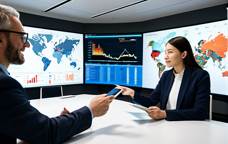 A diverse group of adult business professionals from various nationalities, wearing professional business attire, fully clothed and modest, engaged in a collaborative virtual meeting in a modern, well-lit global office setting. Large digital screens display real-time data dashboards, charts, and world maps, emphasizing data-driven decision-making. One professional is pointing at a data point on a screen, while another is reviewing information on a tablet. The atmosphere is dynamic and focused on innovation. Professional photography, high resolution, soft studio lighting, perfect anatomy, correct proportions, well-formed hands, proper finger count, natural body proportions, natural pose, safe for work, appropriate content, fully clothed, professional, modest, family-friendly.