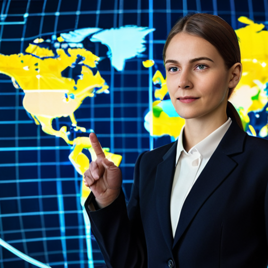 A professional business executive, gender-neutral, wearing a tailored business suit, stands confidently in front of a holographic world map display. Their hand gestures towards interconnected glowing lines representing global economic flows and geopolitical insights, actively engaged in analysis. The scene is a sophisticated, modern command center with large data screens in the background, sleek design, and ambient, professional lighting. fully clothed, appropriate attire, professional dress, safe for work, appropriate content, perfect anatomy, correct proportions, natural pose, well-formed hands, natural body proportions, high-quality professional photography, digital art, ultra-detailed.
