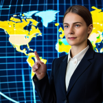 A professional business executive, gender-neutral, wearing a tailored business suit, stands confidently in front of a holographic world map display. Their hand gestures towards interconnected glowing lines representing global economic flows and geopolitical insights, actively engaged in analysis. The scene is a sophisticated, modern command center with large data screens in the background, sleek design, and ambient, professional lighting. fully clothed, appropriate attire, professional dress, safe for work, appropriate content, perfect anatomy, correct proportions, natural pose, well-formed hands, natural body proportions, high-quality professional photography, digital art, ultra-detailed.