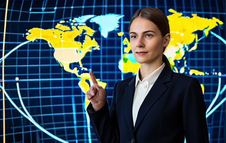 A professional business executive, gender-neutral, wearing a tailored business suit, stands confidently in front of a holographic world map display. Their hand gestures towards interconnected glowing lines representing global economic flows and geopolitical insights, actively engaged in analysis. The scene is a sophisticated, modern command center with large data screens in the background, sleek design, and ambient, professional lighting. fully clothed, appropriate attire, professional dress, safe for work, appropriate content, perfect anatomy, correct proportions, natural pose, well-formed hands, natural body proportions, high-quality professional photography, digital art, ultra-detailed.