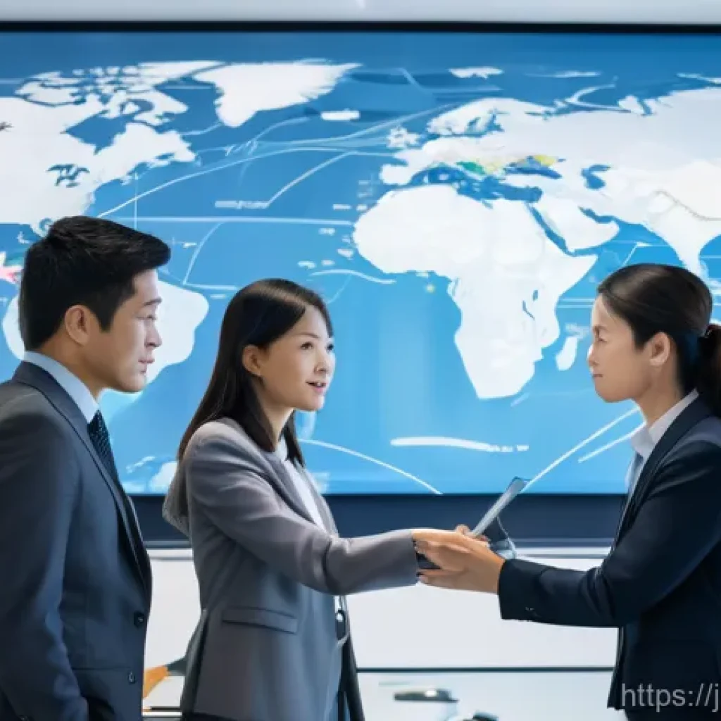 글로벌 비즈니스 업무 효율성 향상 방법 - **Prompt:** A diverse group of four business professionals – two women and two men of Japanese, Amer...