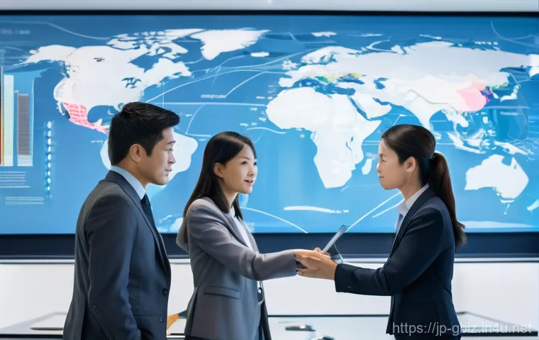 글로벌 비즈니스 업무 효율성 향상 방법 - **Prompt:** A diverse group of four business professionals – two women and two men of Japanese, Amer...