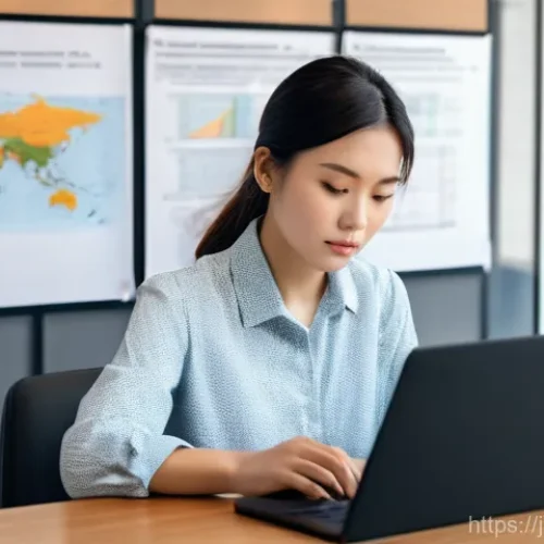 글로벌 비즈니스 자격증 취득을 위한 학습 자료 - A focused young professional, a Japanese woman in her late 20s, sits at a clean, well-lit desk in a ...