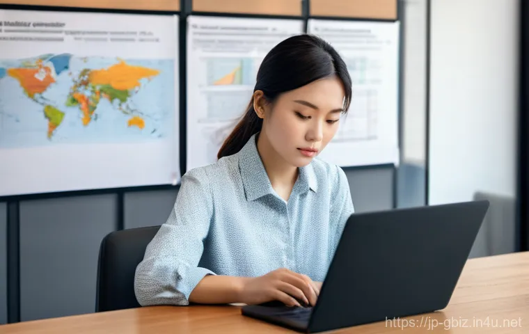 글로벌 비즈니스 자격증 취득을 위한 학습 자료 - A focused young professional, a Japanese woman in her late 20s, sits at a clean, well-lit desk in a ...