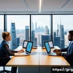 글로벌 비즈니스 산업 동향 - A modern global business office scene showing a diverse team of professionals from different cultura...