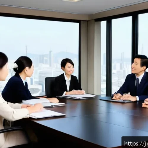 글로벌 비즈니스 연봉 협상 성공 사례 - A modern Japanese office negotiation scene emphasizing multicultural communication: a diverse group ...